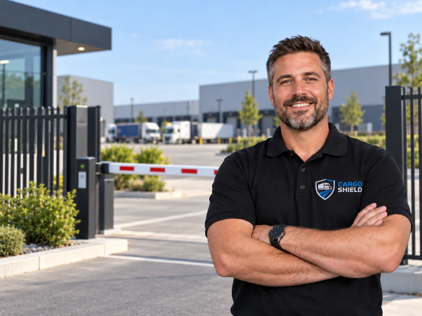 A man wearing a Cargo Shield polo shirt outside a logistics facility.