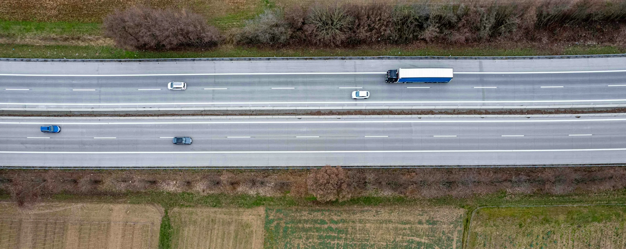 Aerial view of freight traffic on a highway near Schriesheim, Germany. Illustrative photograph.